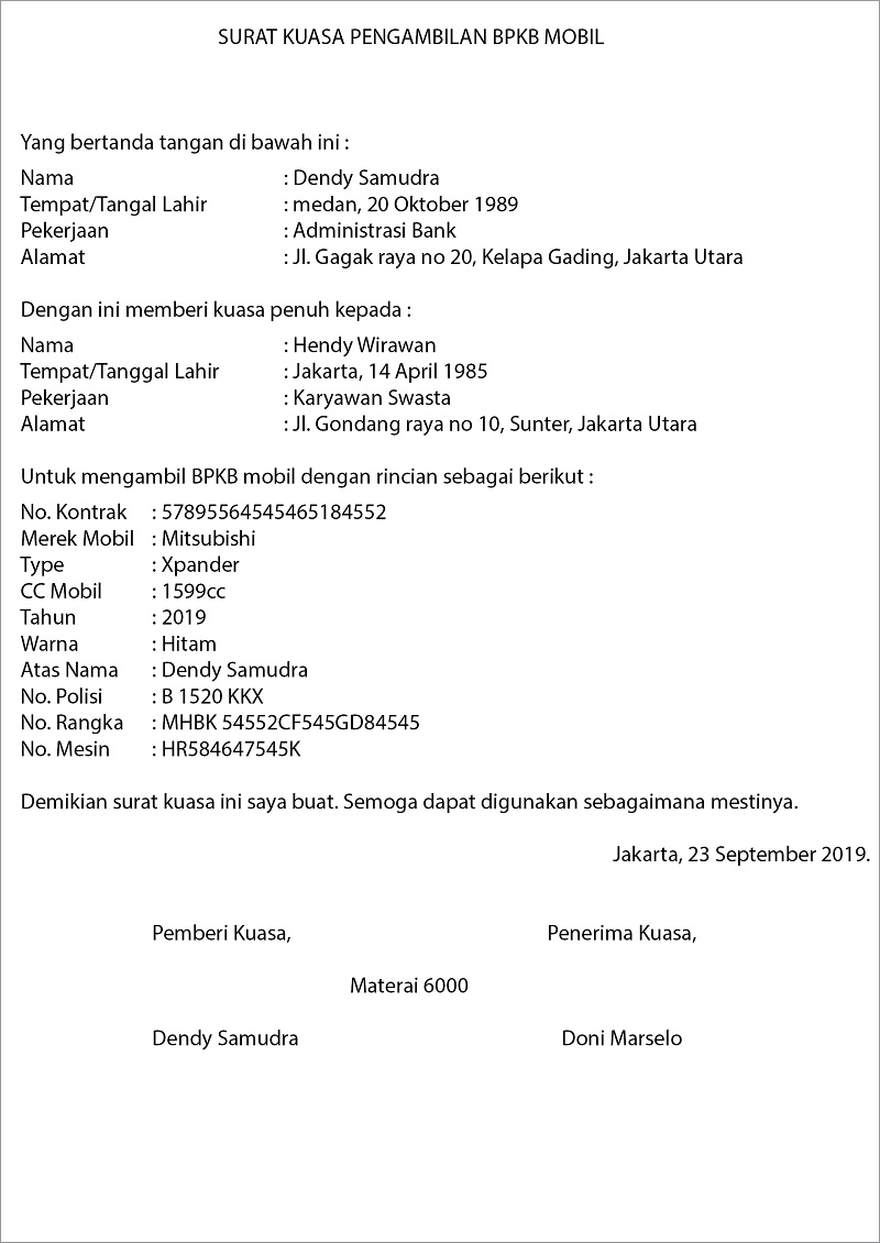 contoh surat kuasa pengambilan bpkb mobil