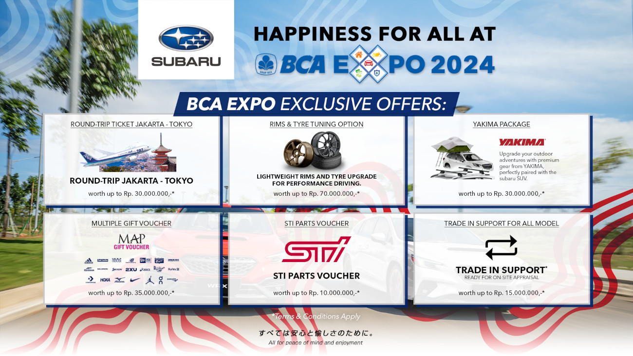 Subaru Indonesia di BCA Expo 2024 Tebar Promo Bahagia DP 0% Tak sekadar promo mobil, Subarau menyiapkan diskon khusus untuk part performa