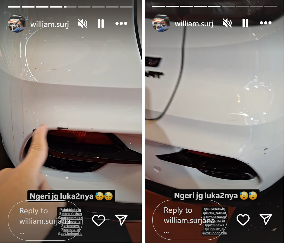 Makan Korban, Ini Penampakan MG ZS EV Putih Mundur Hajar Booth di GIIAS Bandung 2024 Tangkapan layar IG Story @william.surjana bumper belakang MG ZS EV baret-baret akibat mundur ulah pengunjung