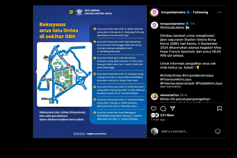 Ada Pengalihan Arus di Senayan Saat Misa Paus Fransiskus, Simak Biar Tidak Kena Macet Pengalihan arus di senayan