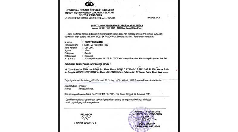 Ilustarasi Surat Kehilangan STNK