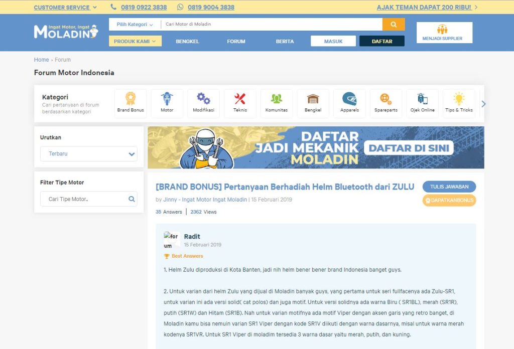 Tanya Apa Saja Masalah Motor di Forum Moladin Tampilan Baru! 1 forum