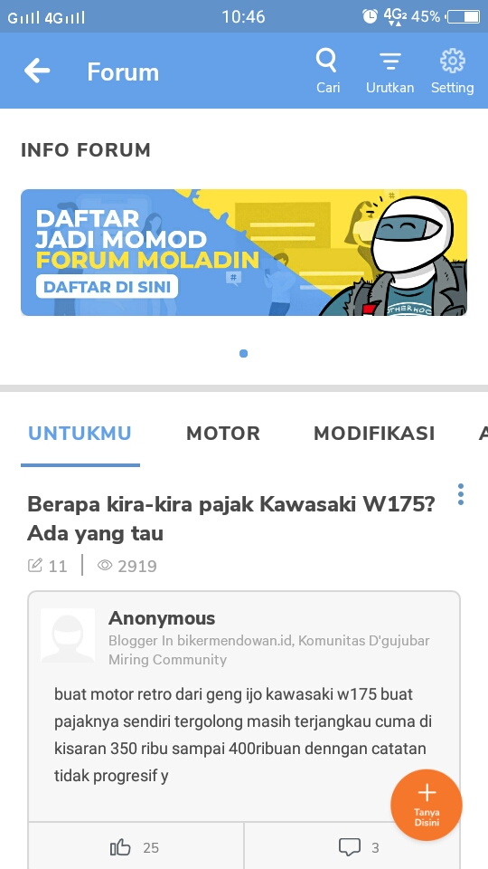 Tanya Apa Saja Masalah Motor di Forum Moladin Tampilan Baru! 1 tanya jawab