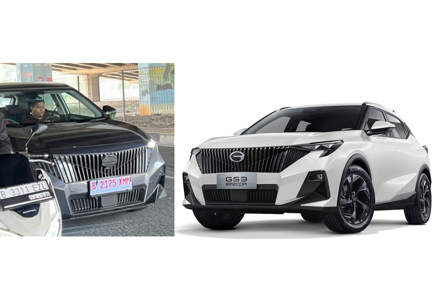 Bocoran foto GAC GS3 Emzoom berseliweran di jalan Ibukota (kiri, foto: Rmoda), Wujud utuh GS3 Emzoom