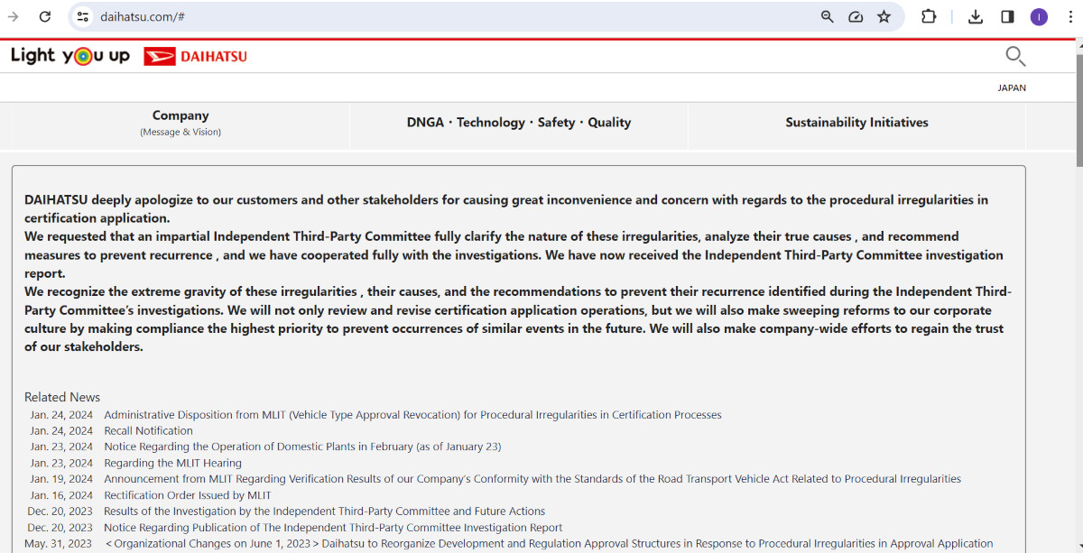 Laman utama website Daihatsu Motor cuma pajang permintaan maaf