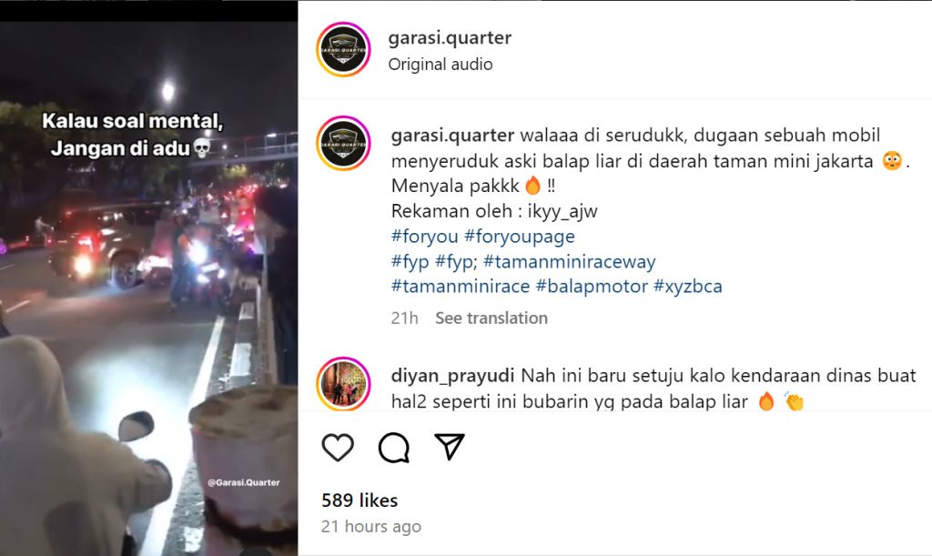 Peserta Balap Liar Kena Mental Diseruduk SUV Plat Dinas TNI