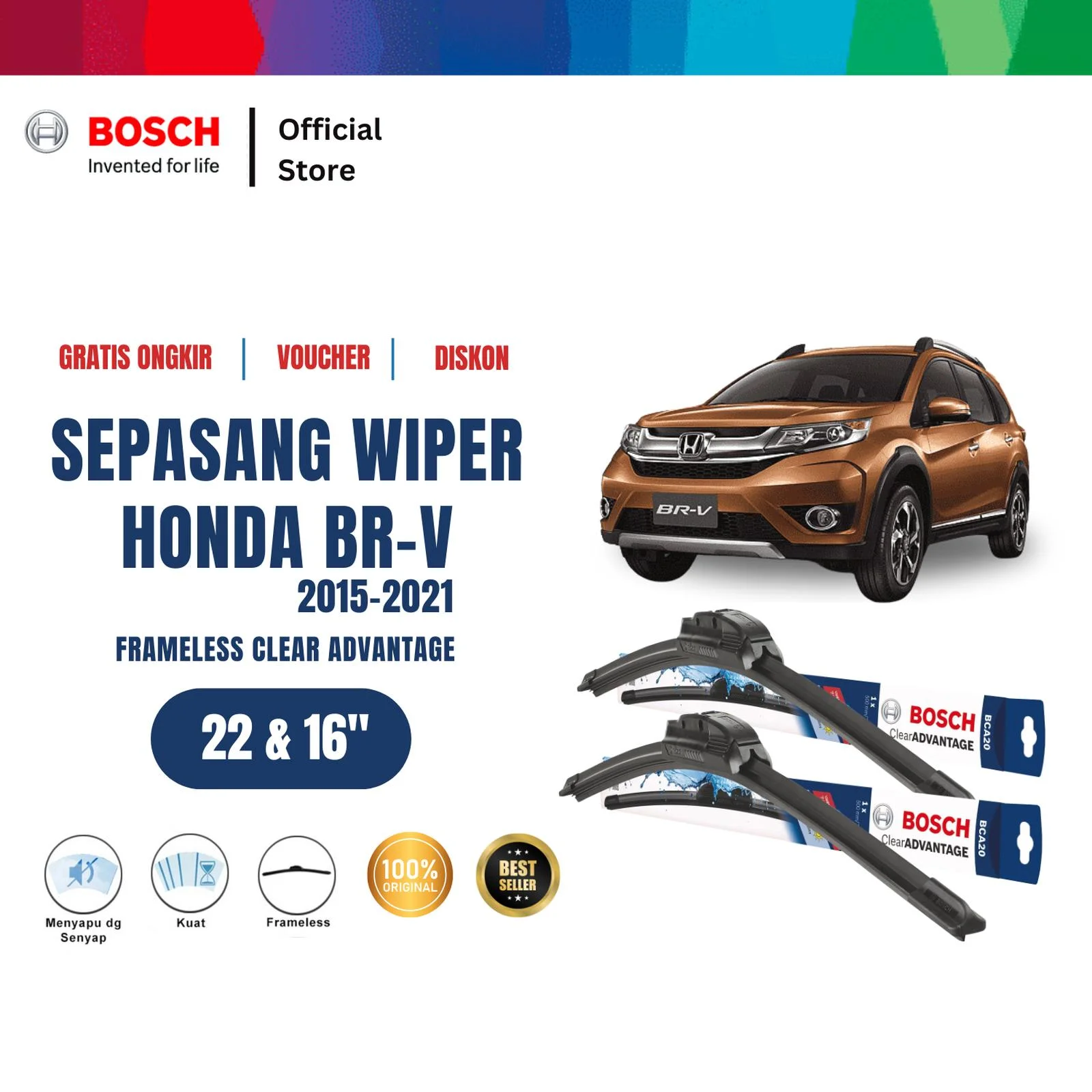 Bosch Wiper Kaca Mobil Honda BR-V 2015-2021 Frameless Clear Advantage 22 dan 16 Inci