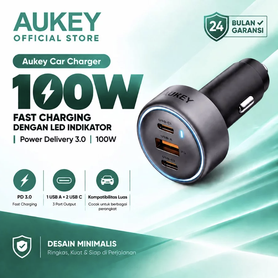 AUKEY Car Charger 66W 100W Fast Charging 3 Port USB C USB A Charger Mobil iPhone Samsung Laptop CC-P1 / CC-P3