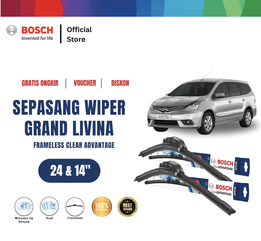 Bosch Sepasang Wiper Nissan Grand Livina Frameless New Clear Advantage 24 dan 14 Inci