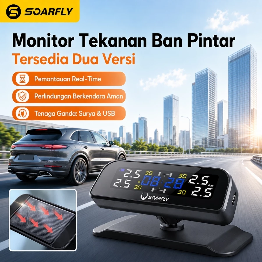 SOARFLY TPMS T12 Alat Pemantau Tekanan Ban Mobil Layar LCD Digital Alarm Deteksi Tekanan & Suhu Ban Otomatis