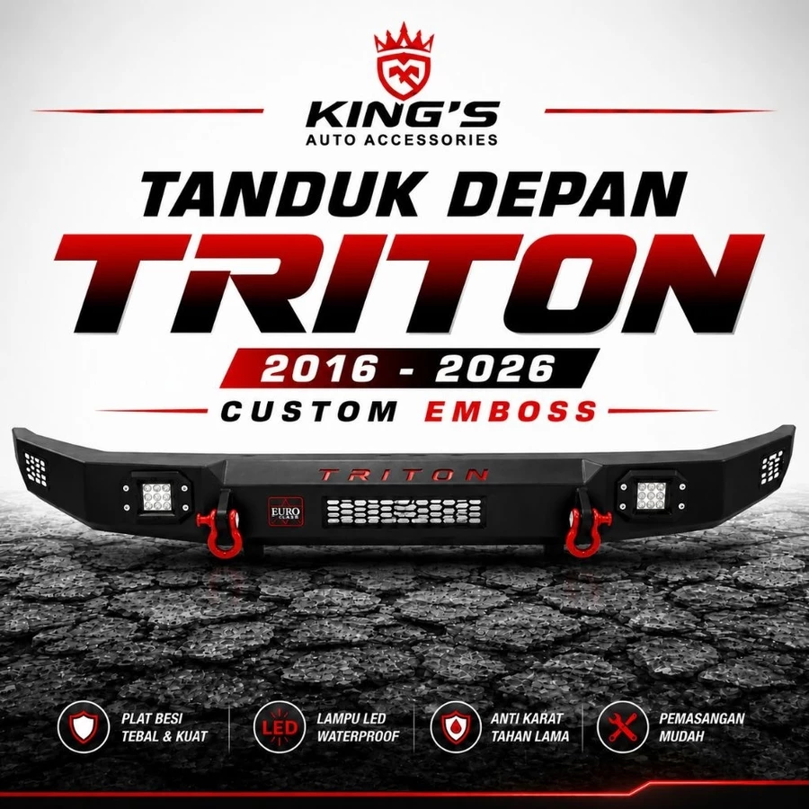 Tanduk Depan Triton 2016–2026 Custom Emboss Plat Besi Tebal Lampu LED 6 Titik